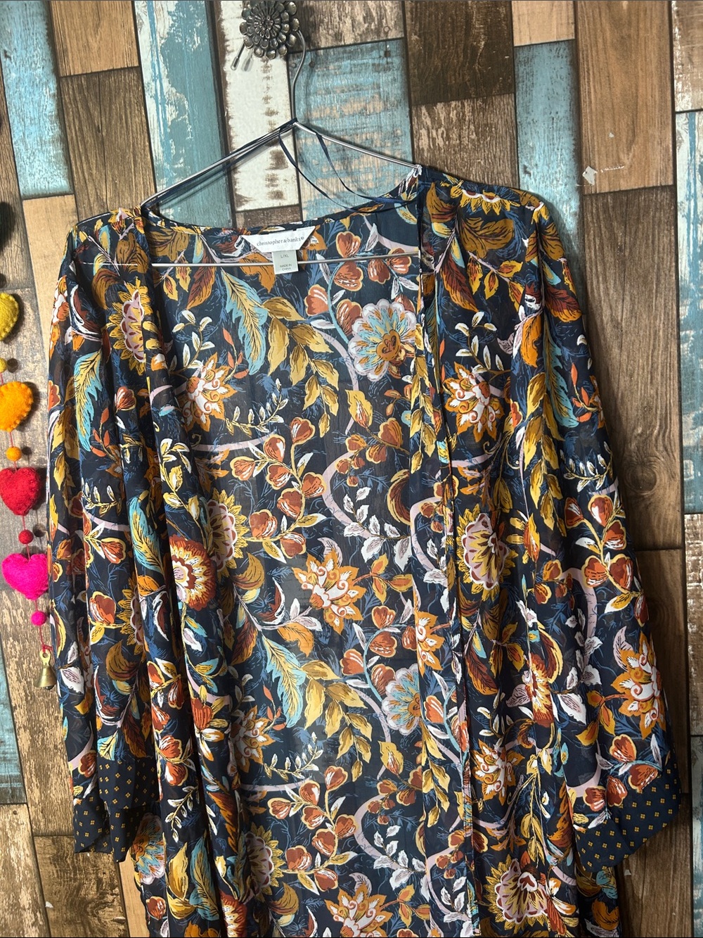 Christopher & Banks Navy Floral Open-Front Kimono with Mustard & Rust Accents - Picture 5 of 14